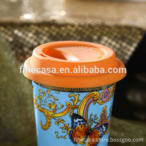 12OZ Luxury New Bone China Butterfly Design Double Walled Ceramic Travel Mug